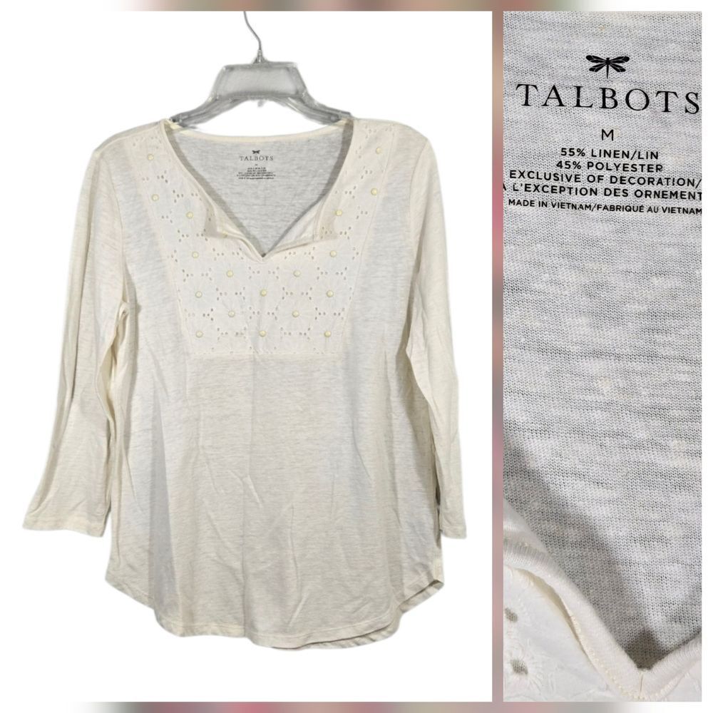 Talbots Daisy Eyelet Cream Soft Linen Knit Top 3/4 Sleeve V-Neck Women's Blouse